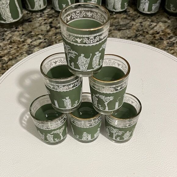 Wedgwood Grecian Hellenic Green and White Decorative Shot Glass Set (6) 1950-60 - Picture 3 of 5
